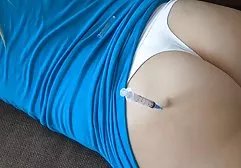 Slut in white stockings sucks guys fuck and fucks in all holes