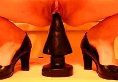 Freak in glasses shows pussy with big lips