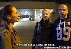 Naughty brunette sucks pecks on men and takes cum on face